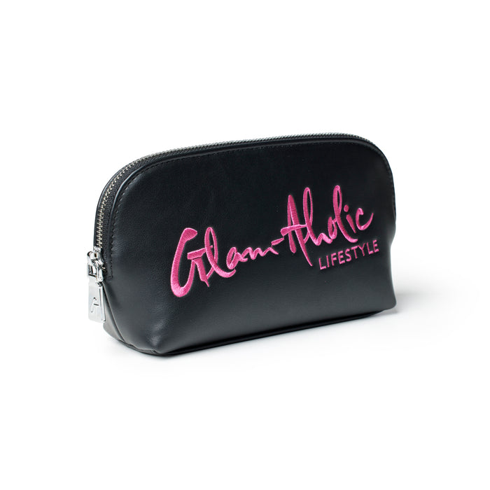 Black cosmetic pouch featuring a stylish pink Glam-Aholic Lifestyle logo, perfect for organizing makeup and accessories.