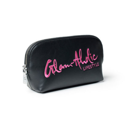 Black cosmetic pouch featuring a stylish pink Glam-Aholic Lifestyle logo, perfect for organizing makeup and accessories.