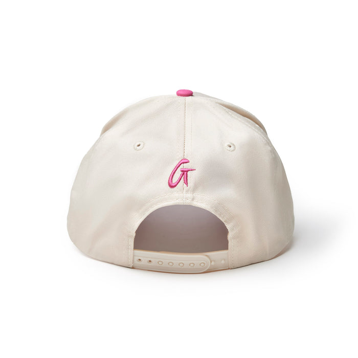 Back view of a hot pink trucker hat featuring a pink embroidered logo, designed for stylish casual wear.