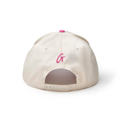 Back view of a hot pink trucker hat featuring a pink embroidered logo, designed for stylish casual wear.