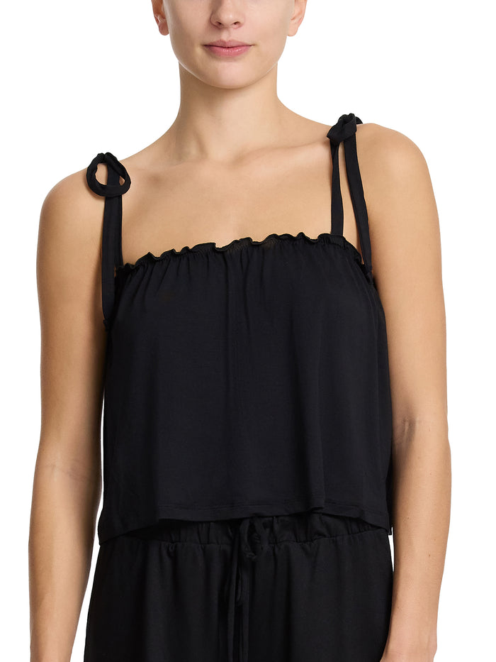 Black Unwind Ruffle Cami with tie straps - Front View On Model | Hanky Panky