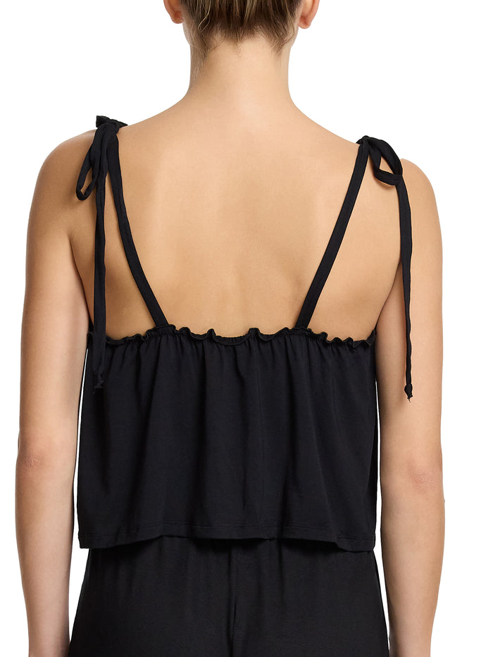 Black Unwind Ruffle Cami open back with tie-shoulder straps - Back View | Hanky Panky