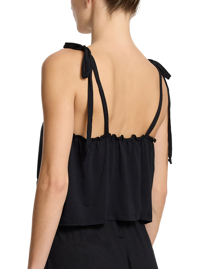 Black Ruffle Cami with knotted tie straps and open back - Side Back View | Hanky Panky