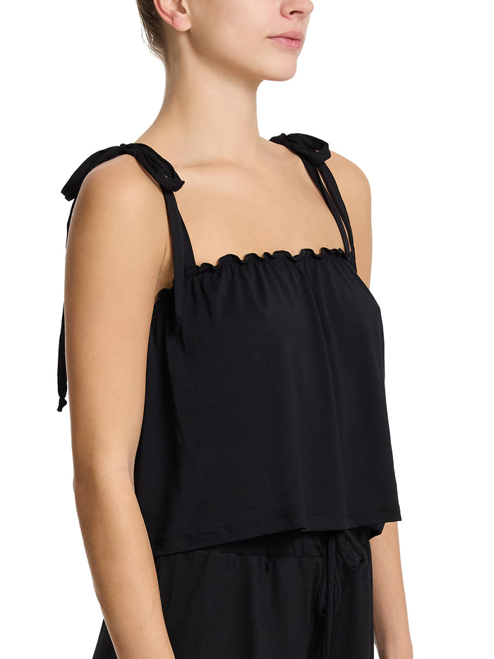 Black Unwind Ruffle Cami side view with tie-shoulder detail - Side Profile | Hanky Panky