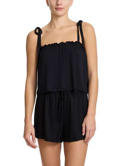 Black Unwind Ruffle Cami and matching shorts sleep set - Front Full View | Hanky Panky