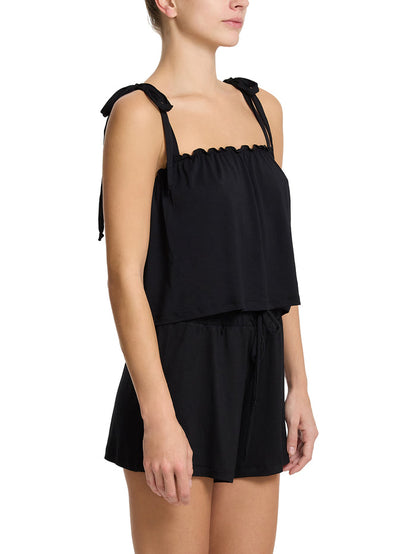 Black Unwind Ruffle Cami with shorts matching lounge set - Side View Full Length | Hanky Panky