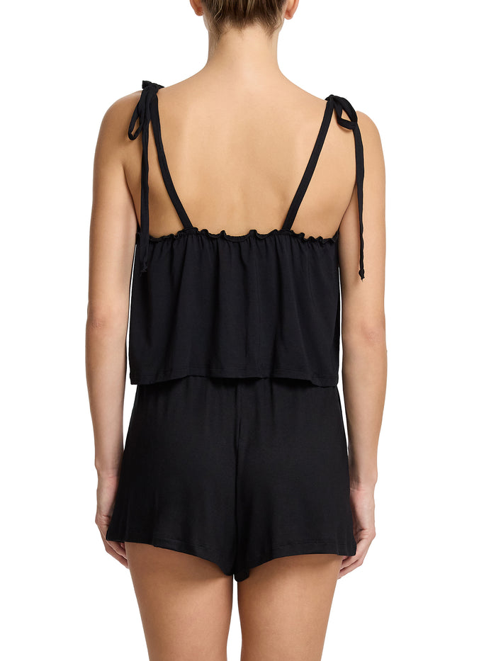 Black ruffle cami and shorts sleep set with open back tie straps - Back Full View | Hanky Panky