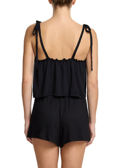 Black ruffle cami and shorts sleep set with open back tie straps - Back Full View | Hanky Panky
