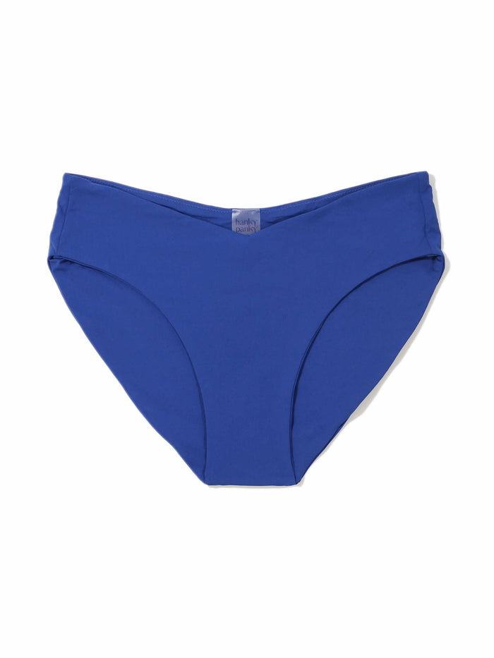 Poolside Blue V-Kini Swimsuit Bottom - Flat Lay, V-Waist Recycled Fabric Bikini Bottom with Brand Label | Hanky Panky