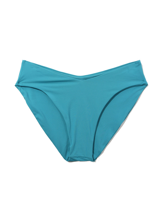 Tahiti Teal V-Kini Swimsuit Bottom Flat Lay, V-Cut Waistband & Recycled Fabric Detail | Hanky Panky
