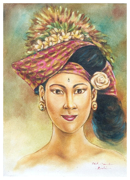 Wall Decor. Oil painting on canvas a beautiful lady in traditional headgear. Unframed.