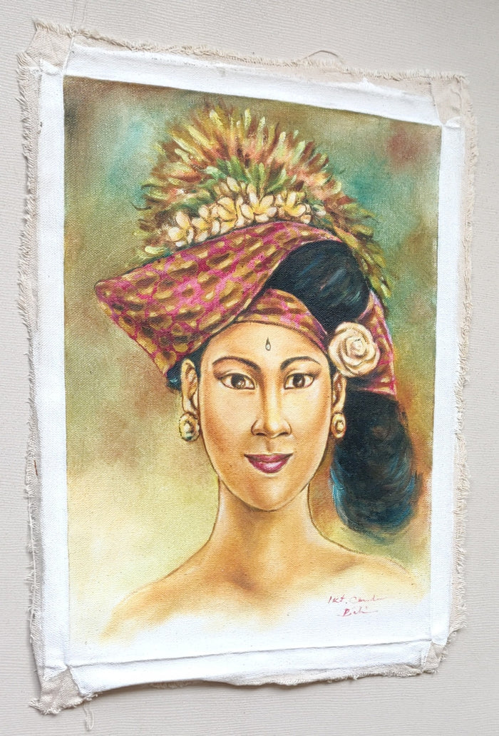 Wall Decor. Oil painting on canvas a beautiful lady in traditional headgear. Unframed.