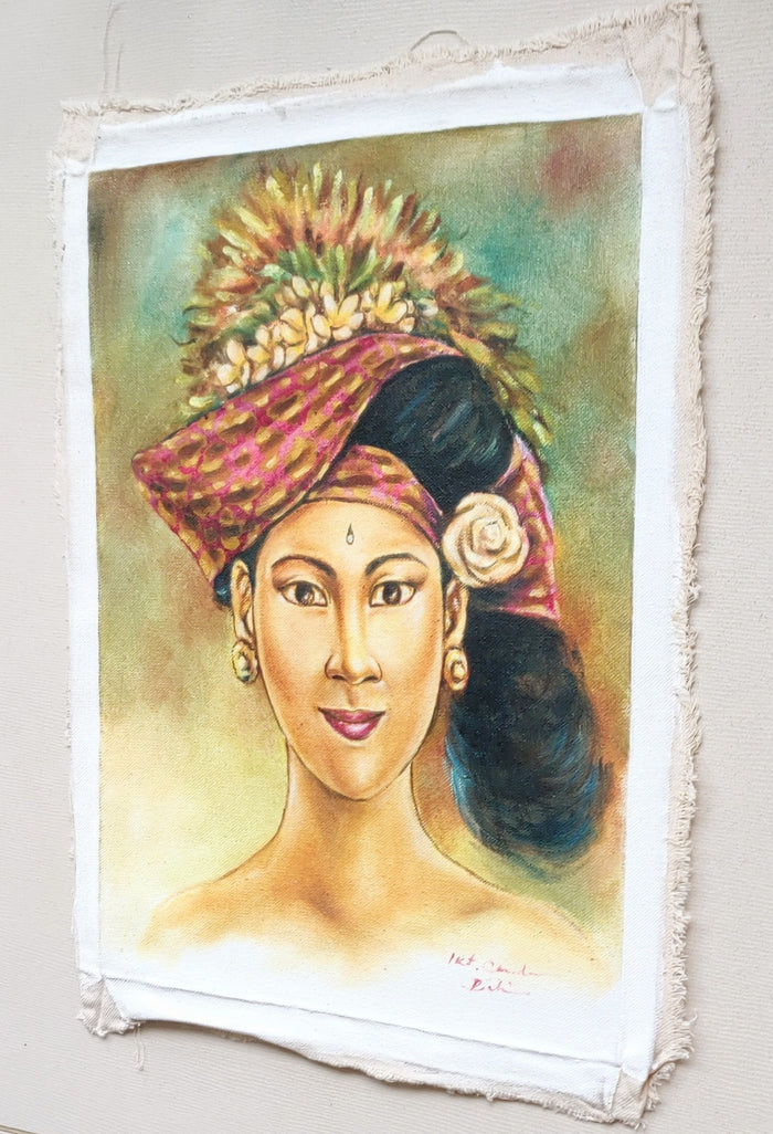 Wall Decor. Oil painting on canvas a beautiful lady in traditional headgear. Unframed.