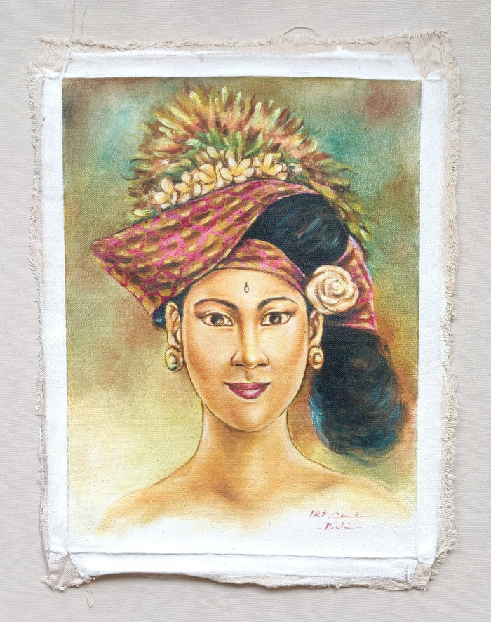 Wall Decor. Oil painting on canvas a beautiful lady in traditional headgear. Unframed.
