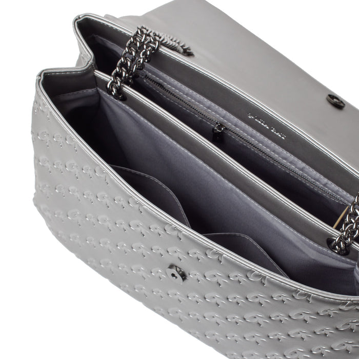 Open XL Monogram Flap Bag in platinum with chain strap, interior compartments, zip pocket, and embossed exterior design.
