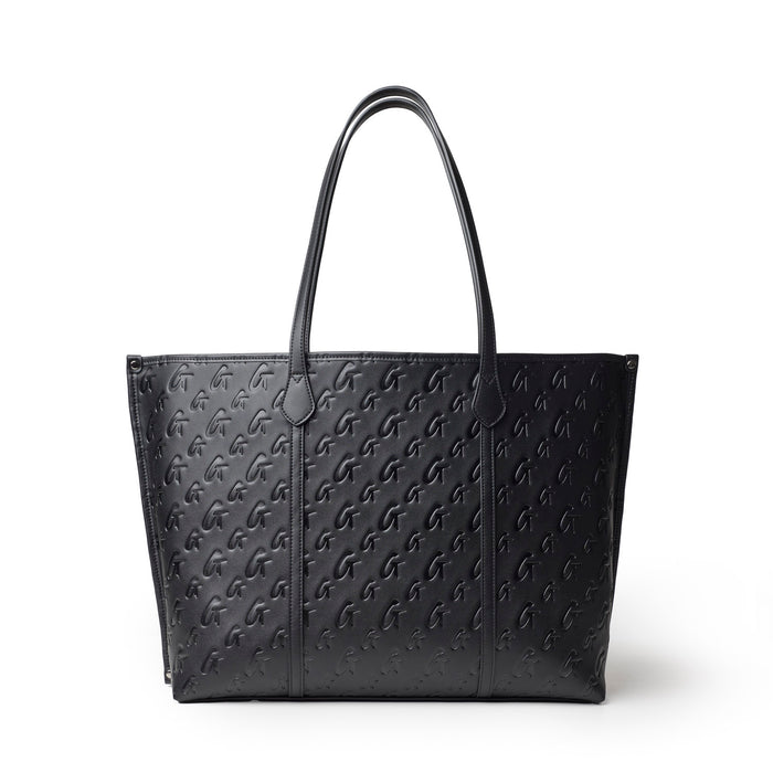 XL Monogram Sleek Tote in black featuring a textured logo design and spacious interior for everyday use.