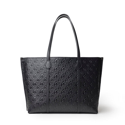 XL Monogram Sleek Tote in black featuring a textured logo design and spacious interior for everyday use.