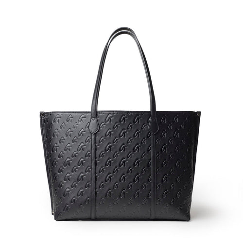 XL Monogram Sleek Tote in black featuring a textured logo design and spacious interior for everyday use.