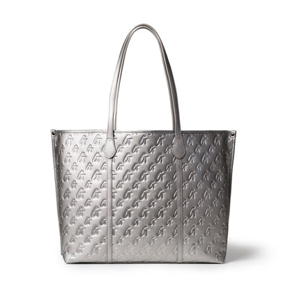 Sleek platinum tote bag with embossed monogram design, featuring sturdy handles and a spacious interior.