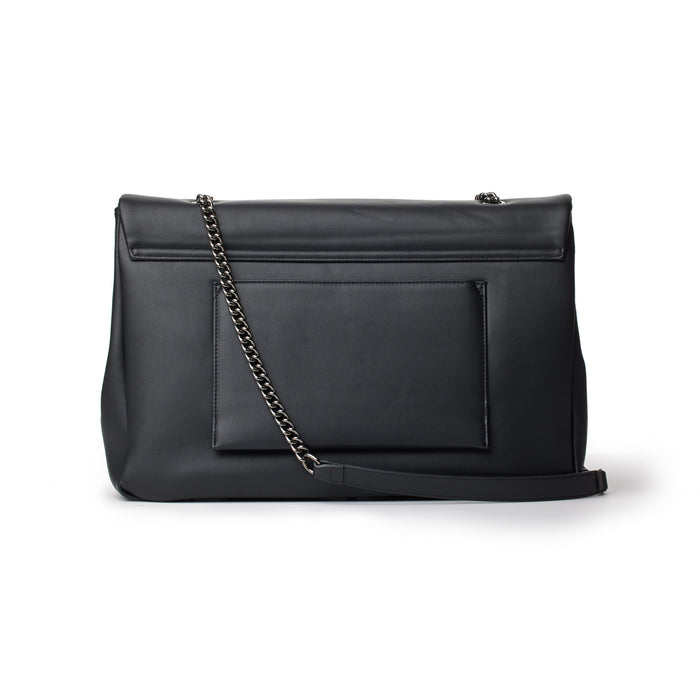Black XL standard flap bag with a front pocket and chain strap, sleek and spacious for everyday use.