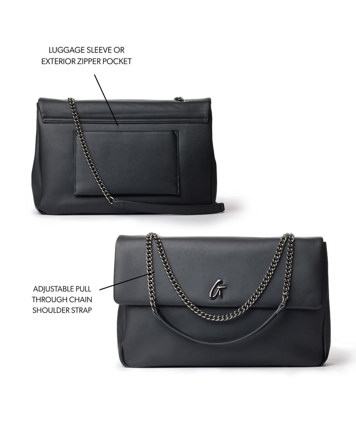 XL Standard Flap Bag in black featuring a luggage sleeve, exterior zipper pocket, and adjustable chain shoulder strap.