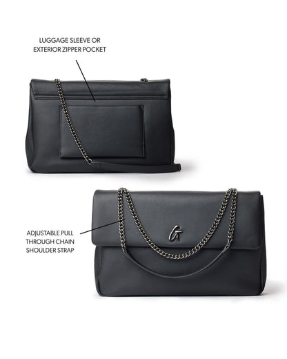 XL Standard Flap Bag in black featuring a luggage sleeve, exterior zipper pocket, and adjustable chain shoulder strap.