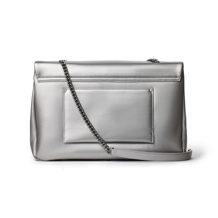 Large platinum-colored flap bag with a front pocket, chain strap, and sleek, shiny finish.