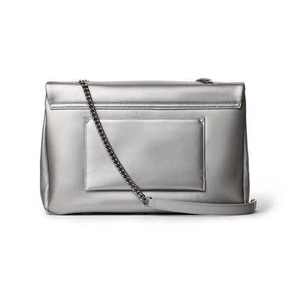 Large platinum-colored flap bag with a front pocket, chain strap, and sleek, shiny finish.