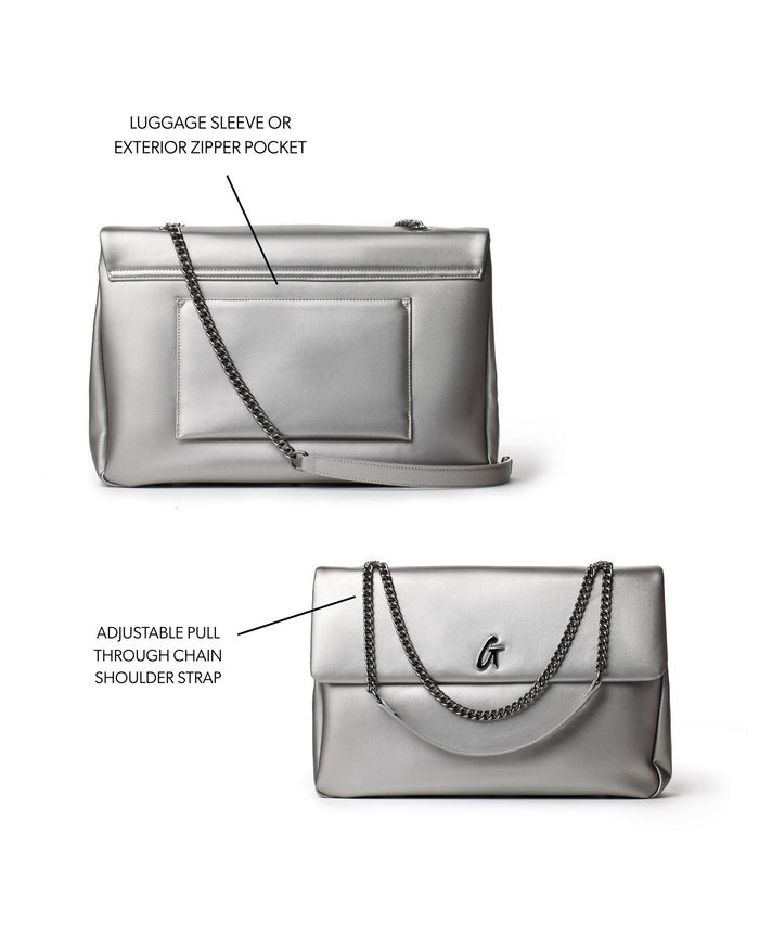 Platinum XL Standard Flap Bag featuring a luggage sleeve, exterior zipper pocket, and adjustable chain shoulder strap.