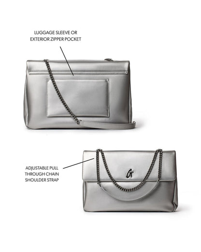 Platinum XL Standard Flap Bag featuring a luggage sleeve, exterior zipper pocket, and adjustable chain shoulder strap.