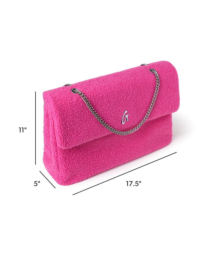 Hot pink XL Teddy flap bag with a chain strap, featuring a soft texture and stylish design for a chic look.