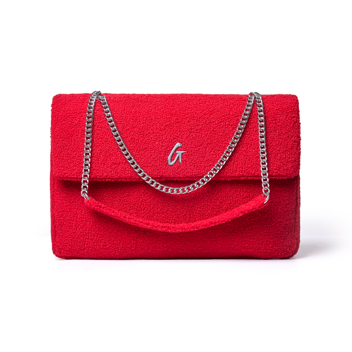 XL red teddy flap bag featuring a plush texture and silver chain strap, perfect for stylish, affordable luxury.